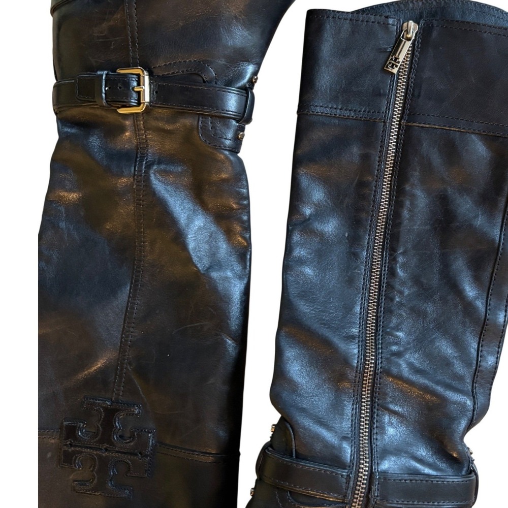 Tory Burch Black Leather Knee High Boots Side Zip Buckle Detail Size 8.5M - Picture 5 of 10